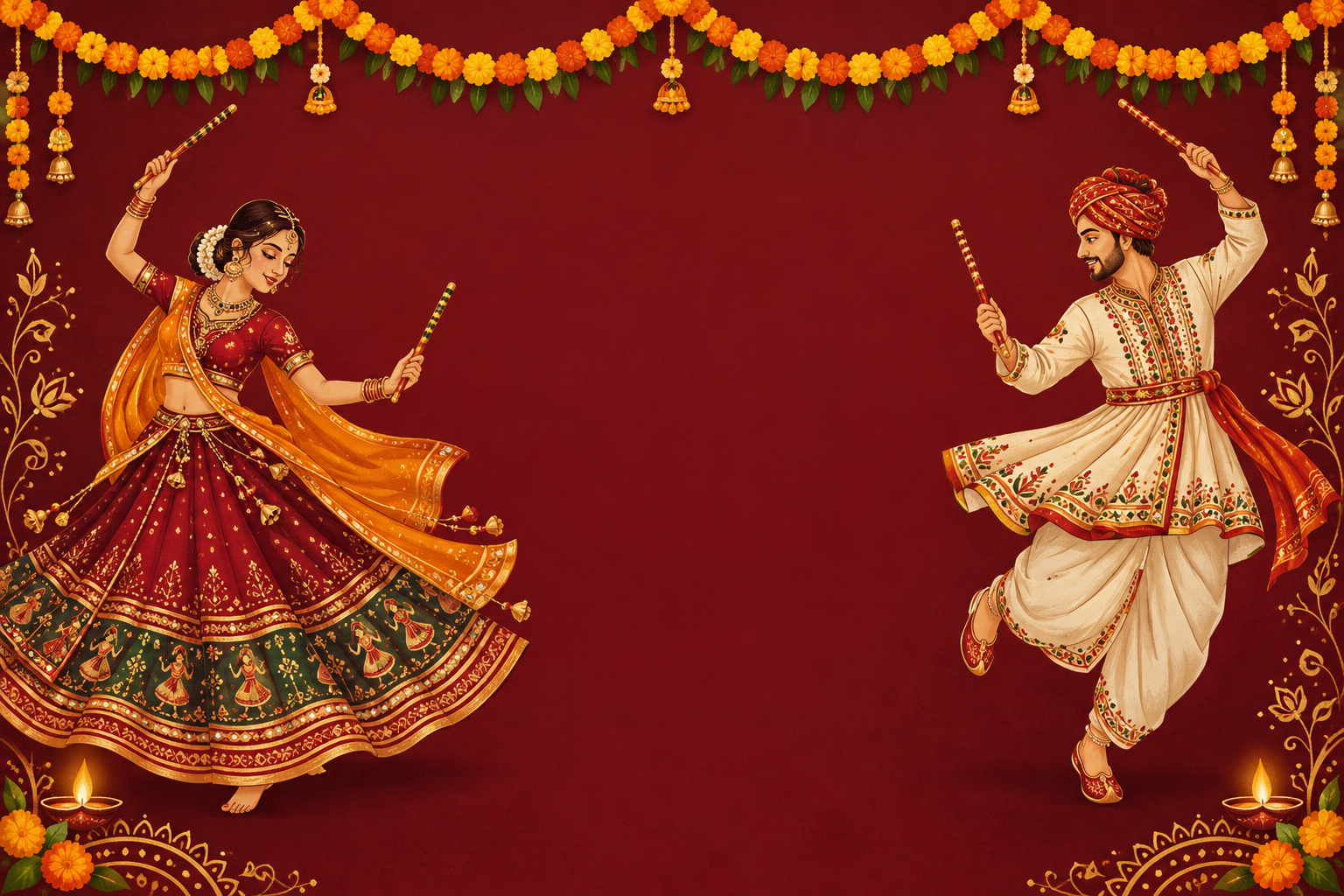 Illustrated garba dancers beneath a marigold toran